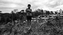 Seorang anak lelaki Suku Baduy Luar berdiri di atas pohon yang telah habis terbakar di Kampung Cisaban II, Desa Kanekes, Banten, Kamis (1/6). Kebakaran pada pekan lalu yang menghanguskan 83 rumah Suku Baduy Luar. (Liputan6.com/Fery Pradolo)