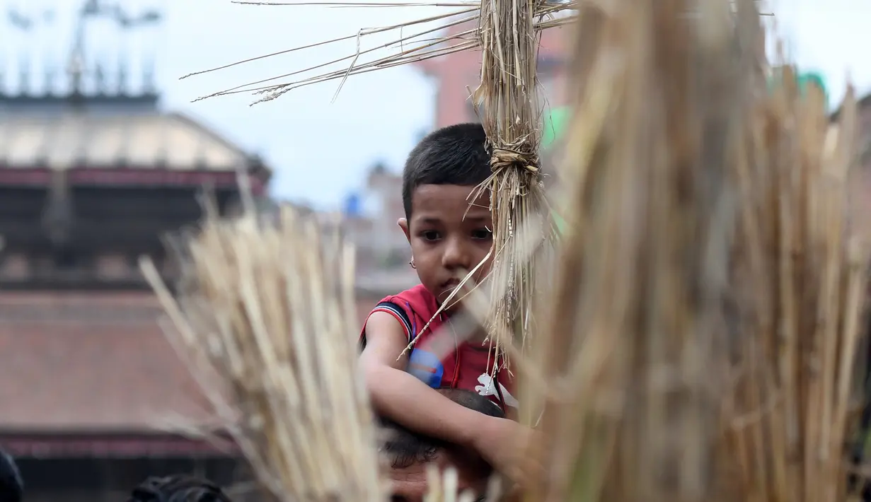 Seorang anak Nepal membawa jerami yang digunakan untuk membuat patung Ghantakarna selama perayaan festival Hindu "Gathemangal" di kota kuno Bhaktapur, Nepal (30/7/2019). (AFP Photo/Prakash Mathema)