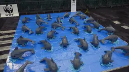 Replika dari lumba-lumba jenis Marina Vaquita dipamerkan saat aksi menuntut perlindungan spesies langka tersebut dari perburuan liar, di depan Istana Nasional di alun-alun Zocalo di Mexico City, Sabtu (8/7). (AFP/ Alfredo E)