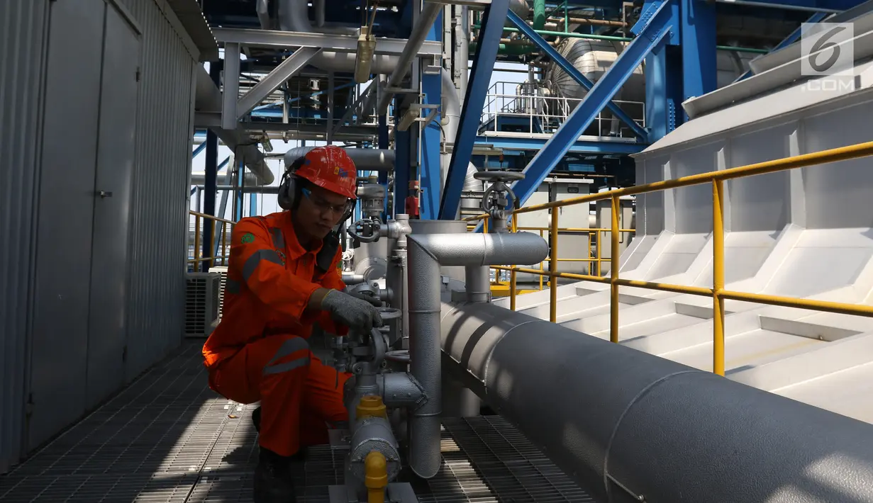 Petugas melakukan pengecekan di Unit Pembangkitan Muara Karang, Jakarta, Rabu (31/7/2019). Setiap tahun UP Muara Karang berhasil membangkitkan energi listrik rata-rata 7.900 GWh yang disalurkan melalui Saluran Udara Tegangan Tinggi 150 kV ke sistem interkoneksi Jawa Bali. (Liputan6.com/Angga Yuniar)