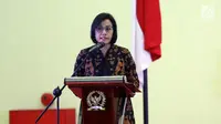 Menkeu Sri Mulyani memberi sambutan pada Seminar Nasional Nota Keuangan RAPBN 2020 : Mengawal Akuntabilitas Penerimaan Negara di Kompleks Parlemen MPR/DPR-DPD, Senayan, Jakarta, Rabu (21/8/2019). Sri Mulyani menjelaskan kondisi ekonomi global diselimuti awan hitam. (Liputan6.com/Johan Tallo)