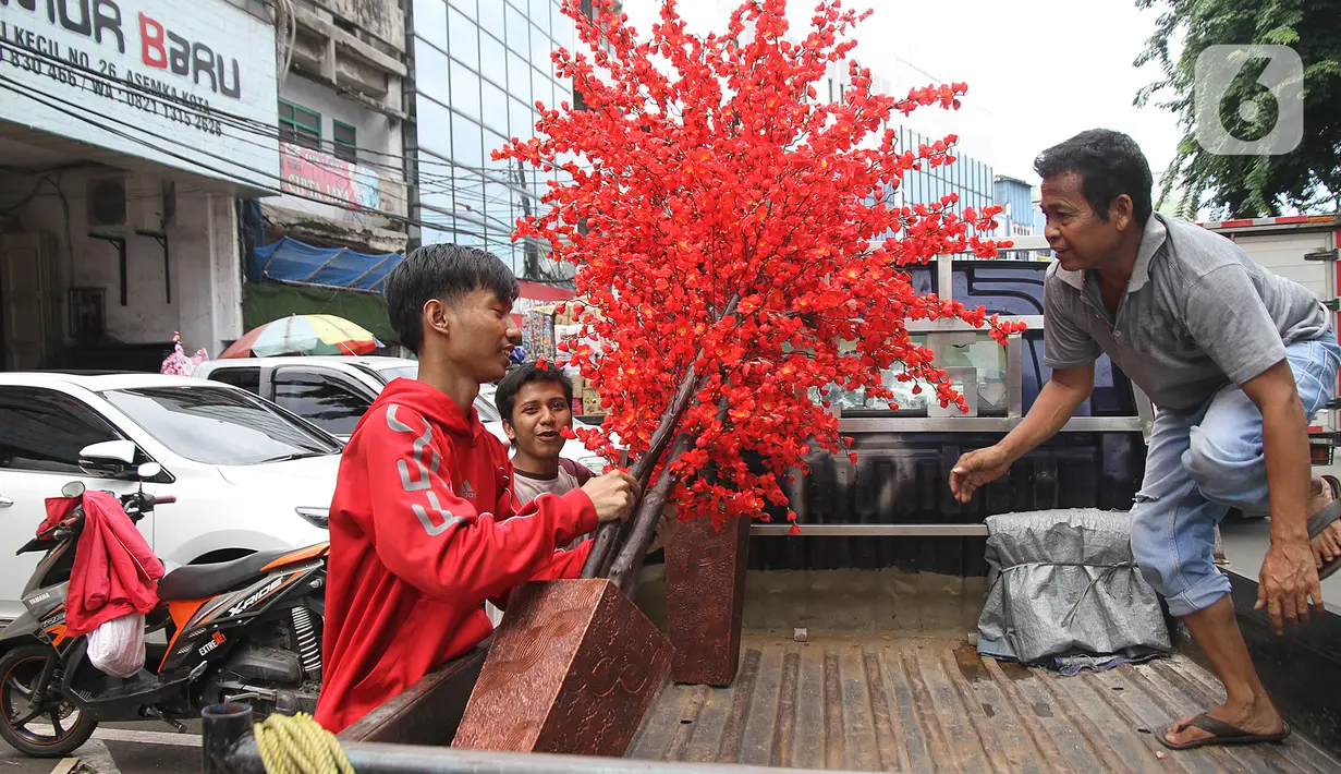 Pedagang bersiap mengantar bunga meihua ke pembeli di kawasan Asemka, Jakarta, Selasa (21/1/2020). Bunga meihua dijual dengan harga Rp 200 ribu hingga Rp 2 juta tergantung tinggi pohon. (Liputan6.com/Herman Zakharia)