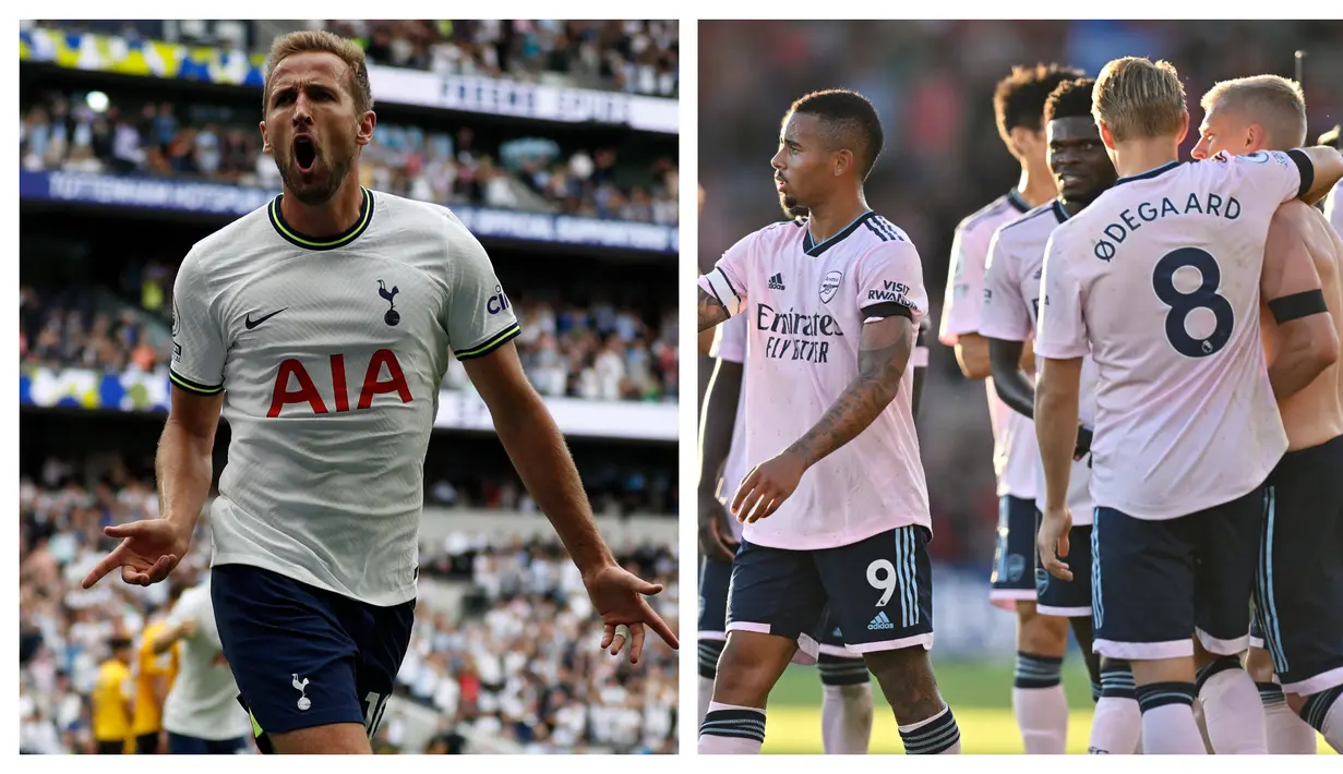 Dua klub asal kota London, Tottenham Hotspur dan Arsenal sama-sama meraup tiga poin di pekan ketiga Liga Inggris musim 2022/2023, Sabtu (20/8/2022). Spurs yang menjamu Wolverhampton Wanderers berhasil menang susah payah 1-0 lewat gol tunggal Harry Kane. Sementara Arsenal yang bertandang ke markas Bournemouth sukses membekap tuan rumah tiga gol tanpa balas. (Kolase AFP)