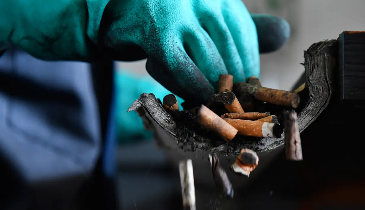 Puntung rokok disortir di pabrik MeGo di Bourg-Blanc, Perancis (29/5). Perusahaan MeGo ini mengolah limbah puntung rokok menjadi barang praktis sehari-hari seperti bangku jalanan.  (AFP/Fred Tanneau)