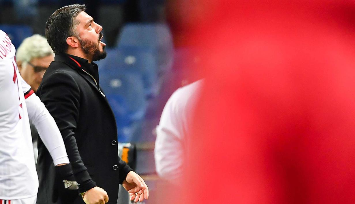 Pelatih AC Milan, Gennaro Gattuso  berteriak usai pertandingan mlewan Genoa pada lanjutan Liga Serie A Italia di Stadion Luigi Ferraris di Genoa, (11/3).  Milan menang 1-0 atas Genoa. (Simone Arveda/ANSA via AP)