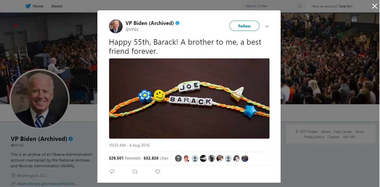 Twit Bromance Obama-Biden (Source: Twitter @VP44)