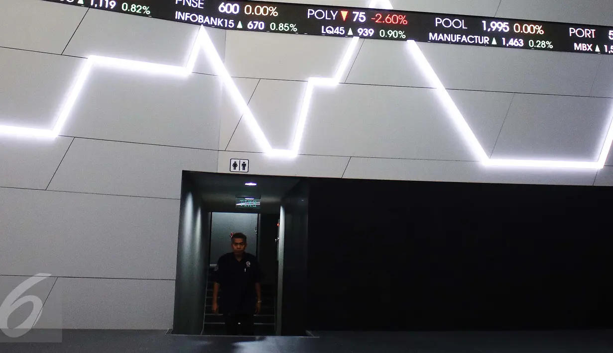 Pekerja melintas di bawah layar indeks saham gabungan di BEI, Jakarta, Selasa (4/4). Sebelumnya, Indeks harga saham gabungan (IHSG) menembus level 5.600 pada penutupan perdagangan pertama bulan ini, Senin (3/4/2017). (Liputan6.com/Angga Yuniar)
