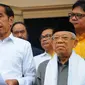 Capres dan Cawapres 01 Joko Widodo-Ma'ruf Amin memberi keterangan di Plataran Menteng, Jakarta, Kamis (18/4). Dalam keterangannya Jokowi memaparkan hasil quick count 12 lembaga survei yang 100% sudah selesai, Jokowi-Amin memperoleh 54,55 % suara dan Prabowo-Sandi 45,5%. (Liputan6.com/Angga Yuniar)