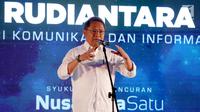 Menteri Komunikasi dan Informatika Rudiantara memberi sambutan pada acara Syukuran Peluncuran Satelit Nusantara Satu di Jakarta, Senin (1/4). Berorbitnya Satelit Nusantara Satu siap memberikan akses internet yang merata di seluruh wilayah Indonesia. (Liputan6.com/Fery Pradolo)