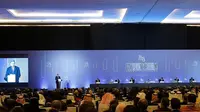 Suasana saat SBY memberikan pidato sambutan di Konferensi Tingkat Menteri WTO yang diikuti oleh perwakilan dari 159 Negara (Rumgapres/Abror Riski)