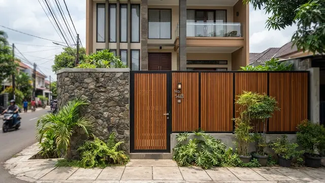Model pagar kombinasi kayu dan batu untuk fasad natural sehingga hunian jadi tampil segar kekinian desain vertikal kayu dengan dinding batu