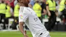 Penyerang Real Madrid, Rodrygoberselebrasi usai mencetak gol ke gawang Osasuna pada lanjutan pertandingan La Liga di stadion Santiago Bernabeu, Spanyol (25/9/2019). Dengan kemenangan ini Real Madrid ke Puncak Klasemen La Liga dengan poin 14. (AP Photo/Bernat Armangue)