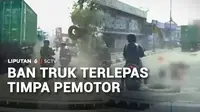 Sebuah kecelakaan terjadi saat truk melintas menuju Jembatan Suramadu, Jawa Timur. Suara ledakan terdengar dari truk yang disusul dengan ban terlepas hingga menimpa pengendara motor di dekatnya.