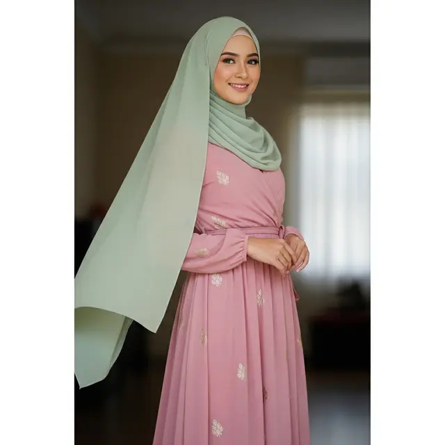 Maxi Dress Sifon Wrap Dress dengan Motif Brokat Kecil