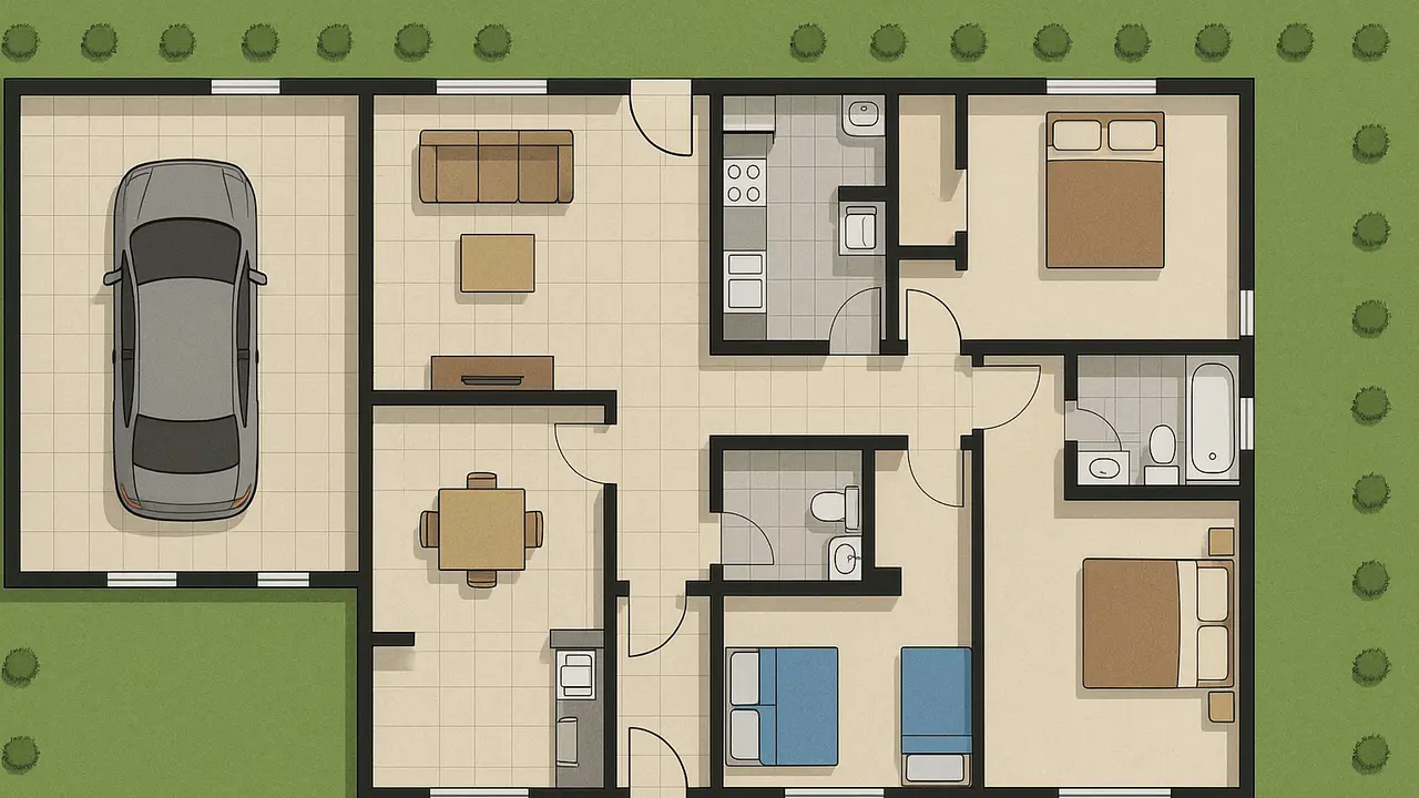 8 Denah Rumah 1 Lantai 3 Kamar Tidur dan Garasi/Ilustrasi Gambar AI