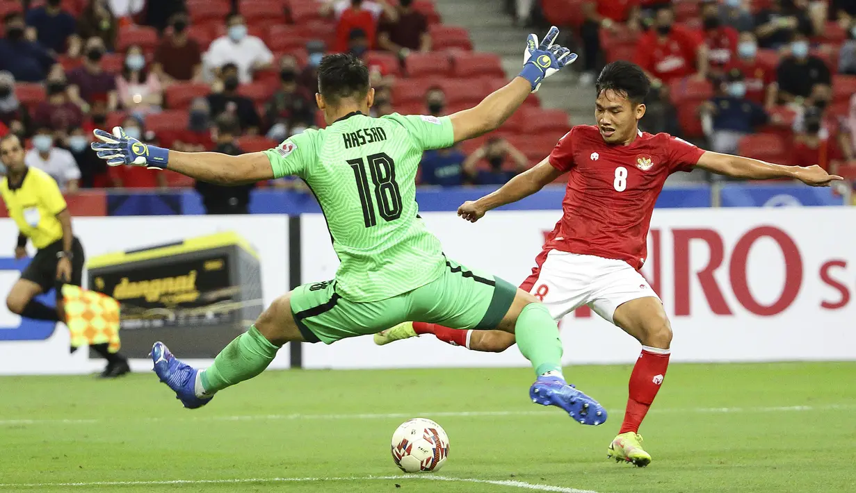 Witan Sulaeman saat ini berkarier di klub asal Polandia, Lechia Gdansk. Meski belum mencatatkan debutnya di liga teratas Polandia, ia mampu tampil mengesankan bersama Timnas Indonesia. Witan tercatat telah mencetak 2 gol dan 3 assist di Piala AFF 2020. (AP/Suhaimi Abdullah)