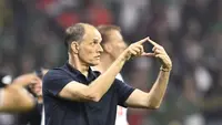 Ekspresi Pelatih Inggris, Thomas Tuchel, saat laga kontra Meksiko pada 16 besar Piala Dunia 2026, di Stadion Azteca, Mexico City, Senin (6/7/2026) pagi WIB.  (Alfredo Estrella/AFP)