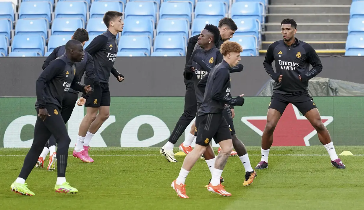 Mereka hanya akan kehilangan Thibaut Courtois dan David Alaba yang memang sudah lama terbelit cedera, serta Aurelien Tchouameni yang ter­kena akumulasi kartu. (Martin Rickett/PA via AP)