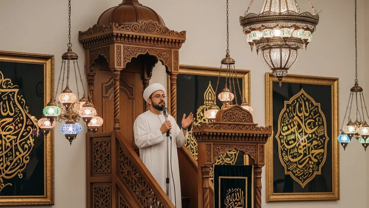 Ilustrasi seorang ulama atau ustadz yang sedang memberikan ceramah tentang Maulid Nabi.