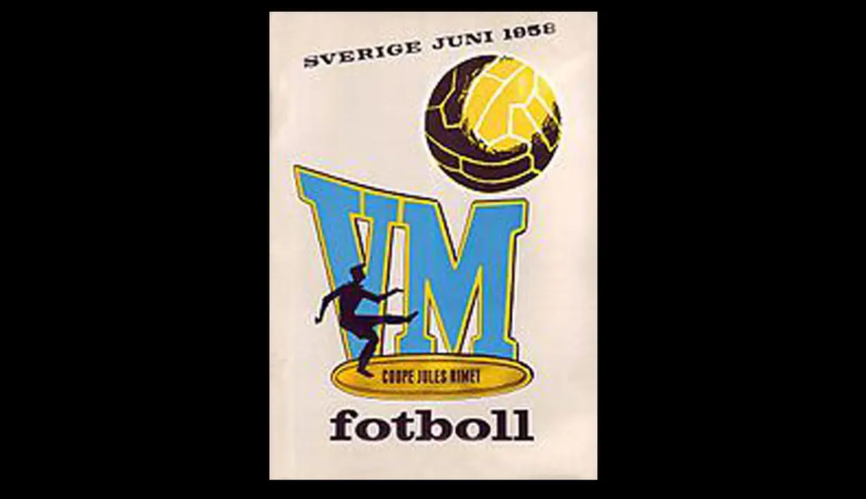 Logo Piala Dunia tahun 1958 di Swedia. Huruf VM mendominasi diantara siluet pemain bola yang sedang menendang bola (Istimewa)