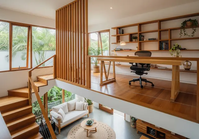 Mezzanine sebagai Ruang Kerja/Inspirasi Interior Rumah Mezzanine Terbuka dan Lega (Sumber: gemini.com)