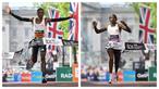 Foto kolase pelari Kenya, Sabastian Sawe (kiri) dan pelari Etiopia, Tigist Assefa saat melalui garis finis dalam ajang London Marathon 2025 di London, Inggris, Sabtu (27/04/2025) waktu setempat. (AFP/Justin Tallis)