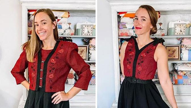 Seorang wanita penggemar fashion vintage mengubah pakaian bekas menjadi lebih stylish dengan cara menjahit ulang.