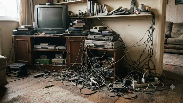 Kabel dan Perangkat Elektronik yang Terlihat Berantakan (AI Generated)