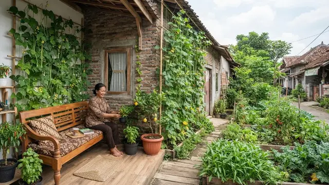 Ide teras minimalis menghadap kebun sayur organik di lahan sempit model tanaman merambat di dinding