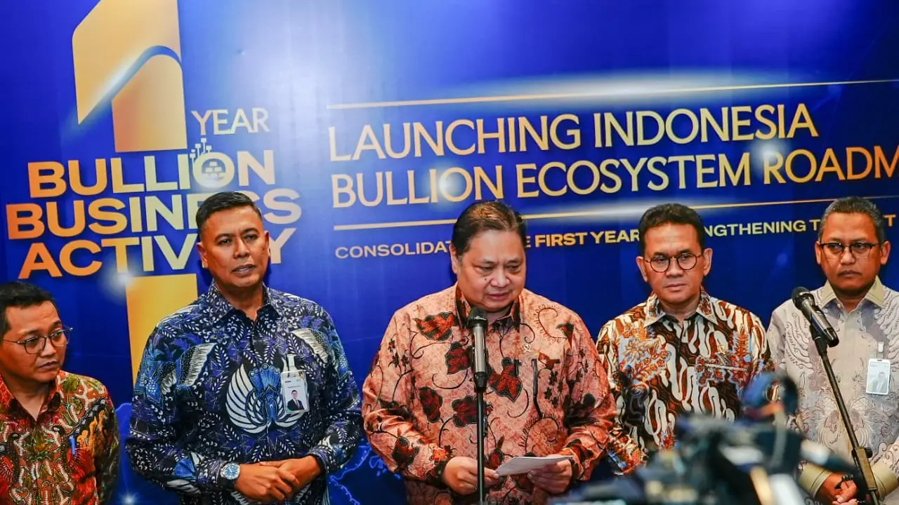 Menteri Koordinator Bidang Perekonomian Airlangga Hartarto dalam acara Satu Tahun Implementasi Kegiatan Usaha Bullion di Jakarta, Jumat (6/3/2026). (Dok Kemenko Perekonomian)