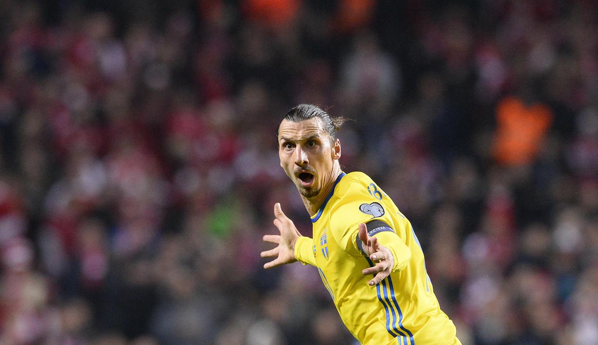 Kapten Timnas Swedia Zlatan Ibrahimovic merayakan golnya pada laga kualifikasi piala Eropa Prancis 2016 di Stadion Parken, Kopenhagen,Rabu (18/11/2015) dini hari WIB.  (AFP Photo/Jonathan Nackstrand) 