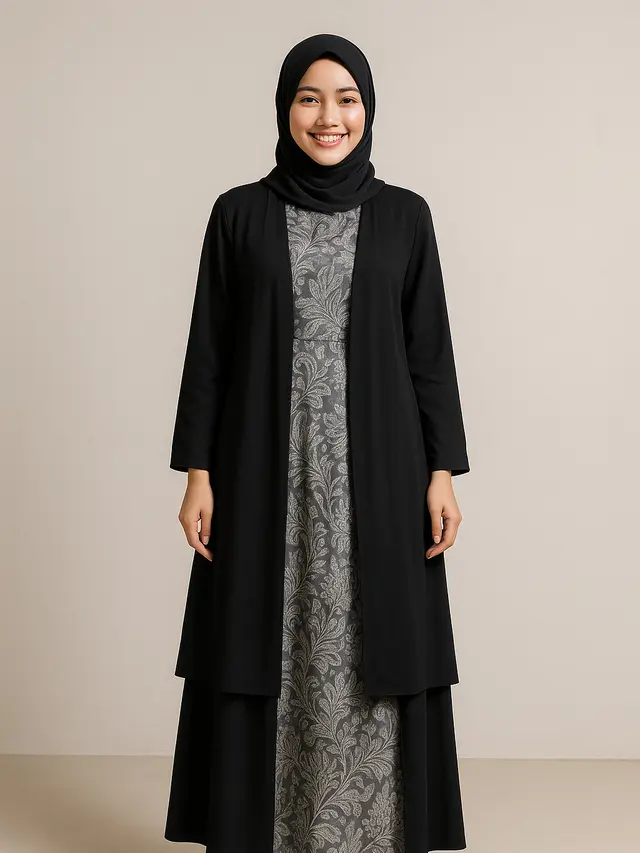 Model Gamis Batik Kombinasi Hitam Polos dan Silver/Ilustrasi AI