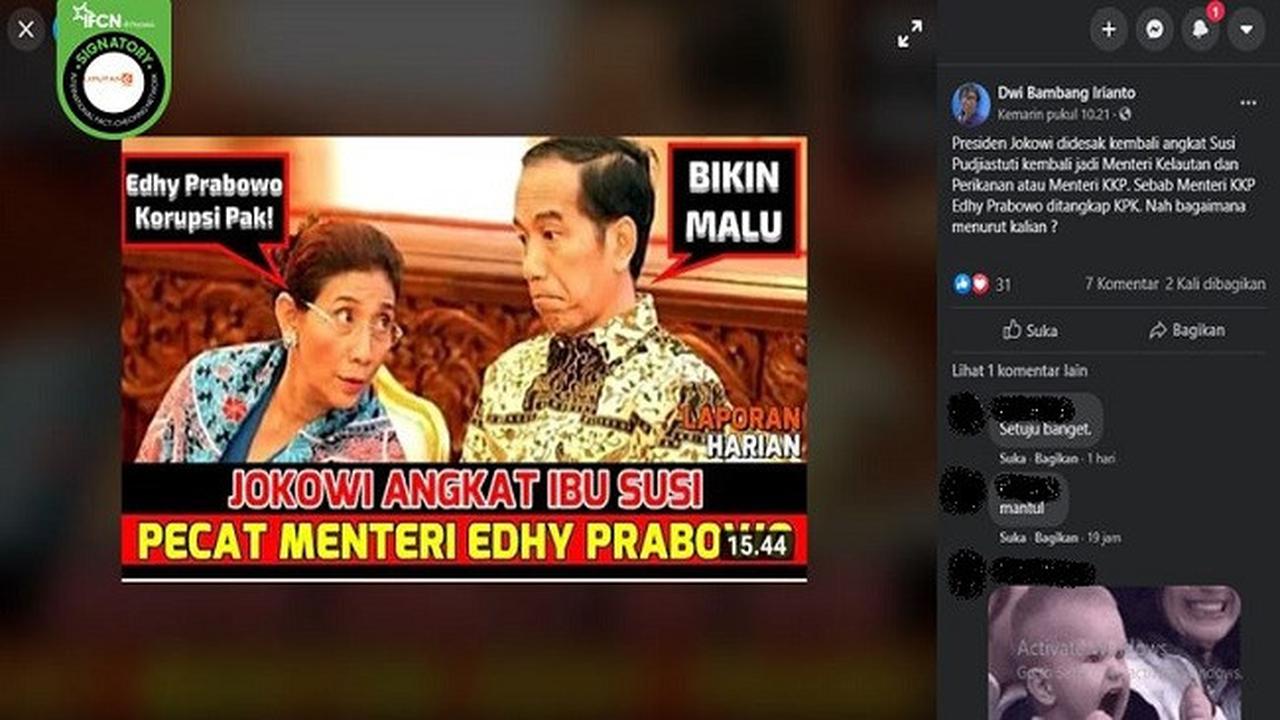 Gambar Tangkapan Layar Kabar Jokowi Mengangkat Susi Pudjiastuti Menggantikan Edhy Prabowo. (sumber: Facebook)