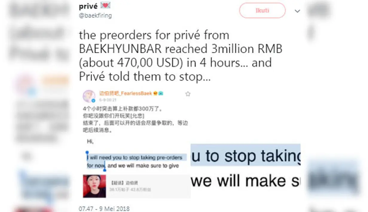 "Pesanan pre order Prive by BBH dari BaekhyunBar sudah mencapai Rp 6 miliar dalam waktu 4 jam. Dan Prive by BBH mengatakan untuk berhenti memesan," kicau akun @baekfiring. (Foto: twitter.com/baekfiring)