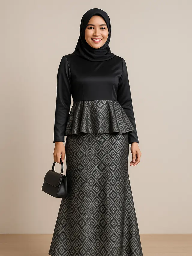 Model Gamis Batik Kombinasi Hitam Polos dan Silver/Ilustrasi AI