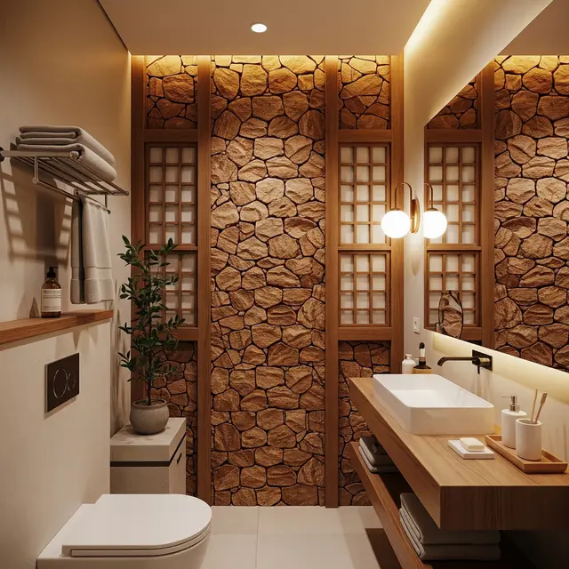 Desain Kamar Mandi Kecil Lebar 1 Meter dengan Roster dan Batu Alam (Image by Gemini AI)