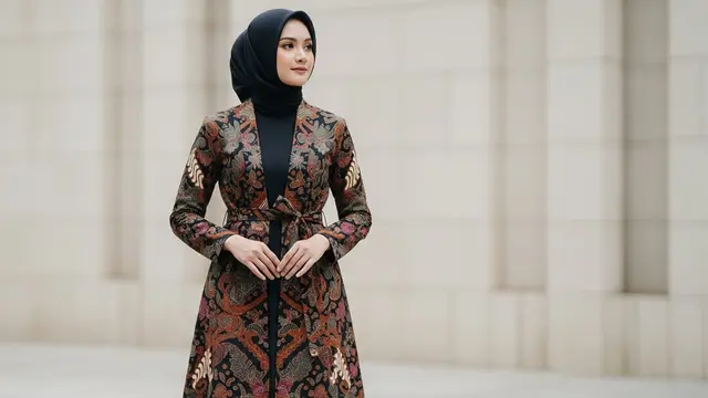 Gamis Polos Simpel Dipadukan Blazer Batik Etnik Kekinian