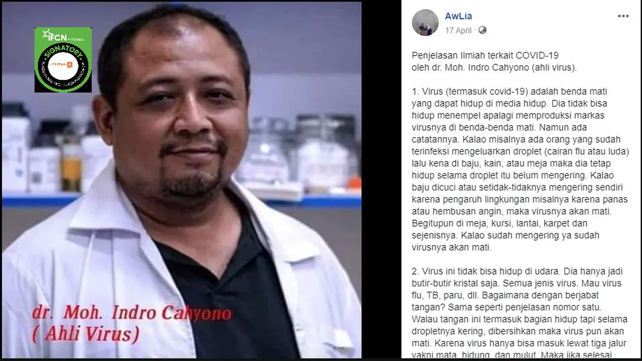 Penjelasan Ilmiah Tentang Covid-19 Mencatut Nama dr. Moh. Indro Cahyono, Simak Faktanya