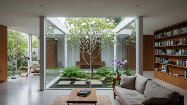 Model Rumah Modern Kaca dengan Taman Indoor Atrium/ Ilustrasi AI