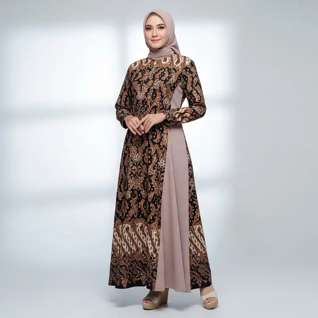 Baju Gamis Bahan Lurik dengan Desain Elegan yang Cocok untuk Hadiah Ulang Tahun Ibu Model Kombinasi Polos Bagian Samping