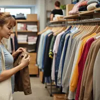 Ilustrasi wanita muda berbelanja di toko barang bekas, dengan hati-hati memeriksa jaket bekas. Membeli baju bekas atau sering disebut thrift bisa menjadi salah satu contoh penerapan hidup frugal Living. (Foto by AI)