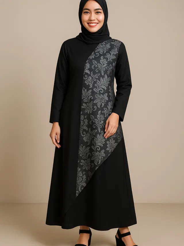 Model Gamis Batik Kombinasi Hitam Polos dan Silver/Ilustrasi AI