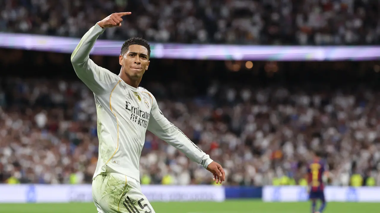 Selebrasi Jude Bellingham saat Real Madrid menang 2-1 atas Barcelona di LaLiga 2025/2026