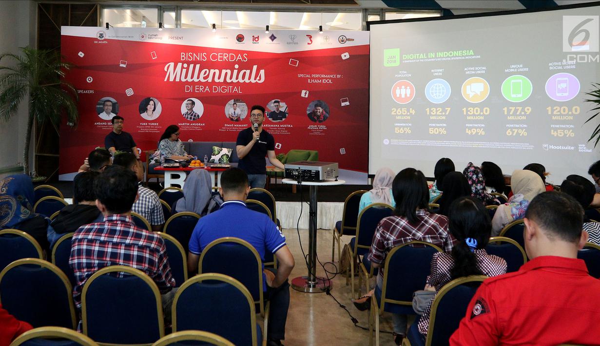 Founder Elven Digital Branding Consultant Laksamana Mustika menjadi pembicara diskusi 'Bisnis Cerdas Millennials di Era Digital' di Jakarta, Sabtu (24/2). Diskusi bertujuan menciptakan wirausaha muda khususnya di bidang digital. (Liputan6.com/JohanTallo)