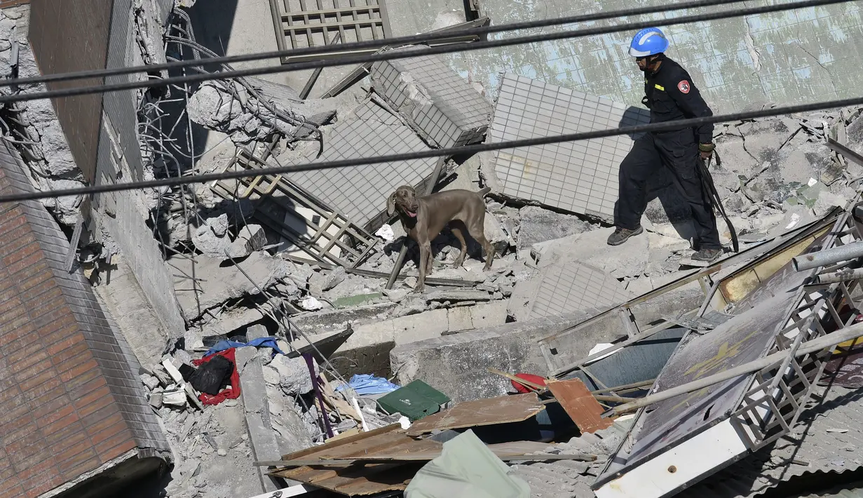 Tim penyelamat mencari korban di reruntuhan bangunan yang ambruk akibat gempa 6,4 SR di Tainan, Taiwan, Senin (8/2). Dua korban, Tsai Wei-ling dan Lee Tsung-tien, berhasil diselamatkan setelah terperangkap selama lebih dari 50 jam. (AFP PHOTO/Sam Yeh)