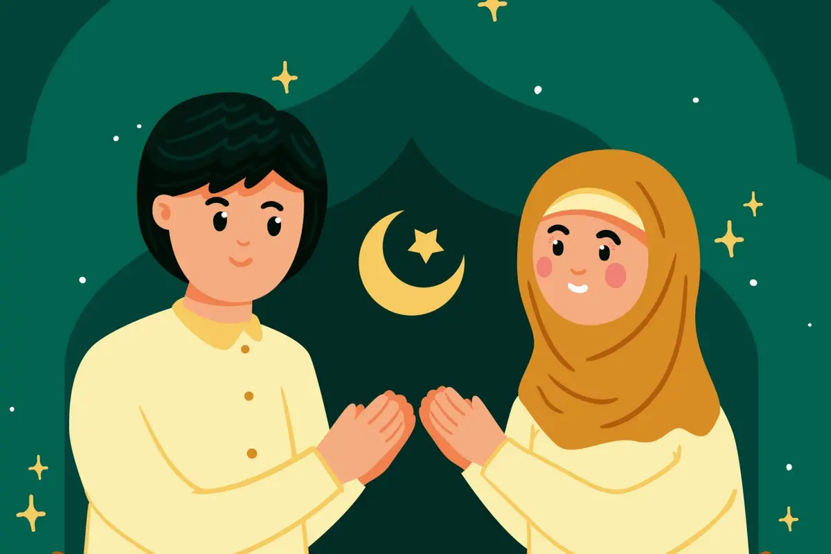 Ilustrasi Idulfitri, Idul Fitri, Lebaran, pasangan muslim, Islami