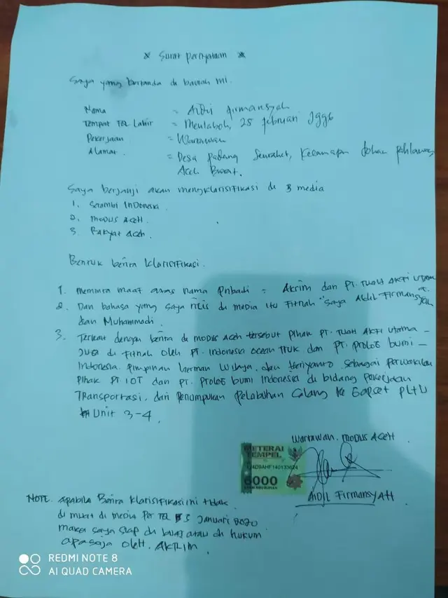 Surat yang dipaksakan Ak terhadap AF (Ist)