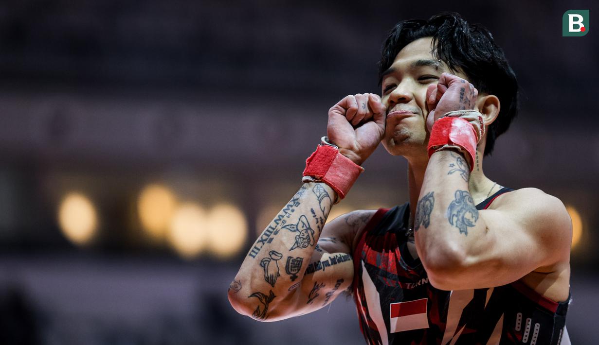 <p>Ekspresi pesenam putra Indonesia, Joseph Judah Hatoguan setelah menyelesaikan nomor kuda pelana dalam Kejuaraan Dunia Gimnastik 2025 di Indonesia Arena, Senayan, Jakarta, Senin (20/10/2025). (Bola.com/Bagaskara Lazuardi)</p>