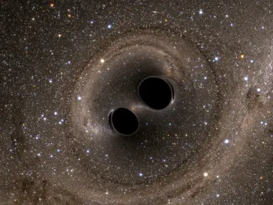 Lubang hitam saling mendekat terdeteksi oleh Laser Interferometer Gravitational -Wave Observatory  (LIGO) dengan menggunakan simulasi gambar komputer, Washington, (11/2).Gambar tersebut menujukkan bahwa adanya gelombang gravitasi. (REUTERS / Caltech)