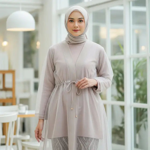 Model Gamis Outer Transparan dengan Aksen Tali Pinggang (Image by Gemini AI)